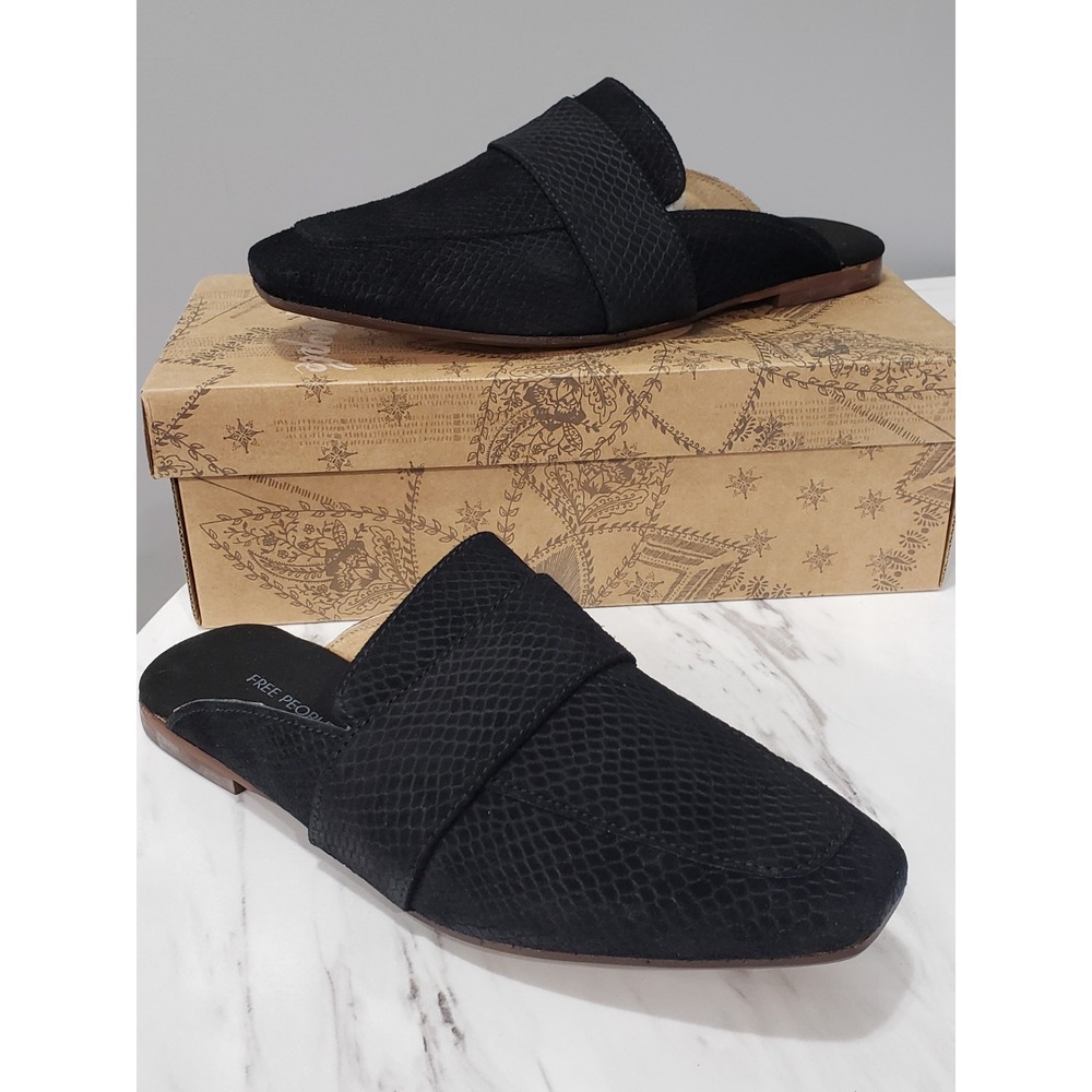 NEW 8.5 FREE PEOPLE At Ease Embossed Loafers Black Suede SLIP ON MULES SHOES